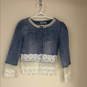 Chicwish Blue Denim Jacket with Pearl and Lace Accents